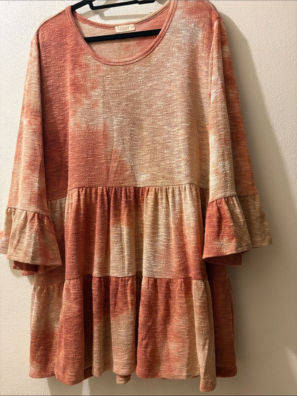 ODDY 2X Rust and Cream and Tan Tiered Bell-Sleeve Dress or Tunic top